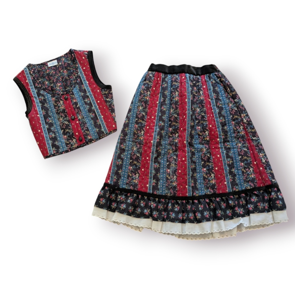 Vintage Her Majesty Size 10 Americana Floral Striped Quilted Skirt Set